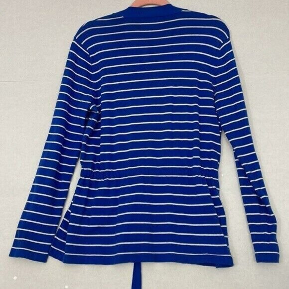 Jones New York Cardigan Sweater, Open Front with Drawstring, Blue and White, L - Picture 5 of 10